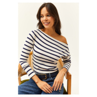 Olalook Women's Navy Blue Striped Premium Soft Touch Boat Neck Flexible Blouse