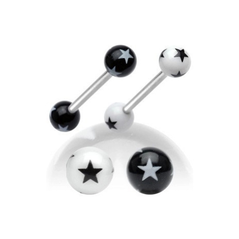 Ocelový piercing do jazyka, černobílé akrylové kuličky s hvězdičkami - Barva piercing: Černá - B Šperky eshop