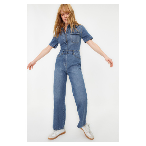 Trendyol Blue Short Sleeve Denim Jumpsuit