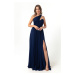 Lafaba Women's Navy Blue One Shoulder Slit Long Evening Dress