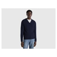 Benetton, Dark Blue V-neck Sweater In Pure Merino Wool