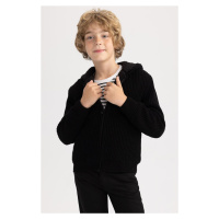 DEFACTO Boy's Black Hooded Knitwear School Cardigan