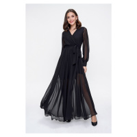 By Saygı Double Breasted Collar Long Sleeves Lined Chiffon Long Dress Black