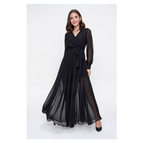 By Saygı Dlouhé šaty s dvojitým límcem, dlouhými rukávy a podšívkou z šifonu, černé