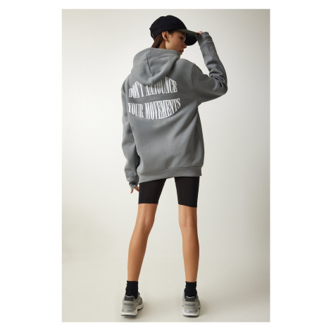 Happiness İstanbul Women's Gray Hooded Rack Printed Sweatshirt