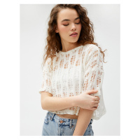 Koton Crop T-Shirt Openwork Short Sleeve Crew Neck