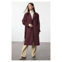 Trendyol Claret Red Oversize Belted Windbreaker Detailed Water Repellent Long Trench Coat