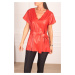 armonika Women's Red V-Neck Leather Look Short Front Long Back Long Belted Blouse