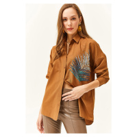 Olalook Women's Brown Palm Sequin Detailed Oversize Woven Poplin Shirt