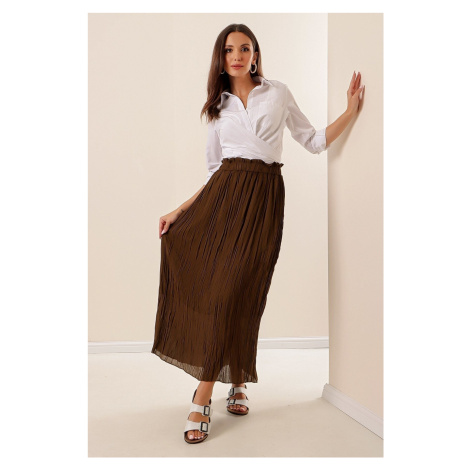By Saygı Elastic Waist and Lined Pleated Long Chiffon Skirt Khaki