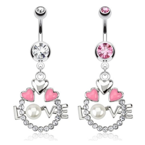 Ocelový piercing do pupíku - kruh, srdce, nápis LOVE s perlou - Barva zirkonu: Růžová - P Šperky eshop