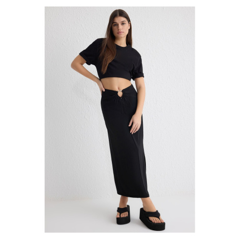Trendyol Black Waist Buckle Detailed Flowy Fabric Midi Length Woven Skirt