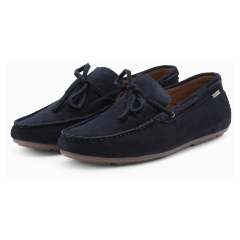 Ombre Men's leather moccasin shoes with thong and driver sole - navy blue