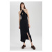 DEFACTO Bodycon Chain Detailed Linen Blend Slit Midi Sleeveless Dress