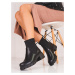Designové dámské kotníčkové boty černé na širokém podpatku