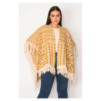 Şans Women's Plus Size Saffron Shawl Pattern Tassel And Silvery Detailed Thick Knitwear Poncho