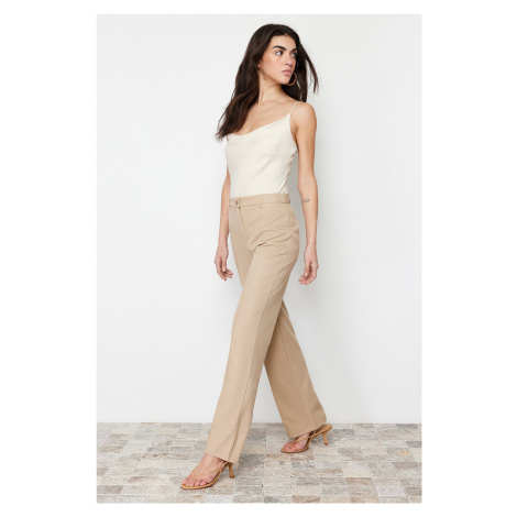 Trendyol Light Brown Straight/Straight Fit High Waist Ribbed Stitched Woven Trousers