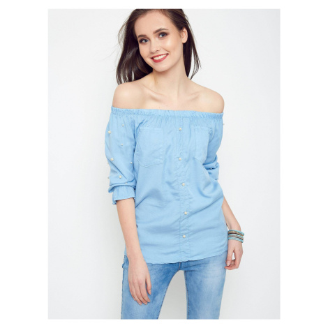 Blouse with pearls revealing shoulders blue YUPS