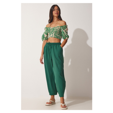 Happiness İstanbul Women's Emerald Green Linen Viscose Baggy Pants with Pocket