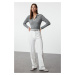 Trendyol Ecru Straight/Straight Cut High Waist Ribbed Stitched Woven Trousers