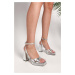 Shoeberry Women's Rosalie Silver Skin Platform Heels