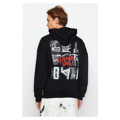 Trendyol Black Oversize/Wide-Fit Hooded Basketball Printed Cotton Sweatshirt
