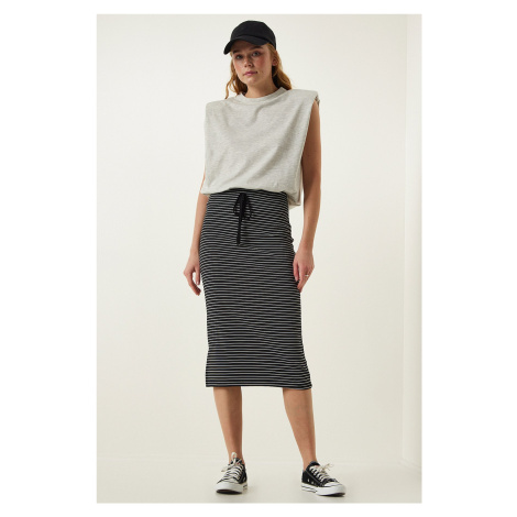 Happiness İstanbul Women's Black Striped Slit Wrap Knitted Skirt