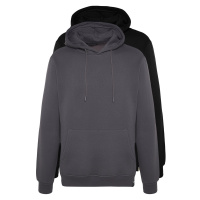Trendyol 2-Pack Black-Grey Basic Regular/Normal Fit Hooded Fleece Inner Sweatshirt