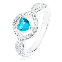 Stříbrný prsten 925, světle modré zirkonové srdce, vlnitá čirá ramena