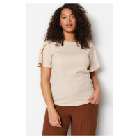 Trendyol Curve Stone Crew Neck Sleeves Pleated Knitted Blouse