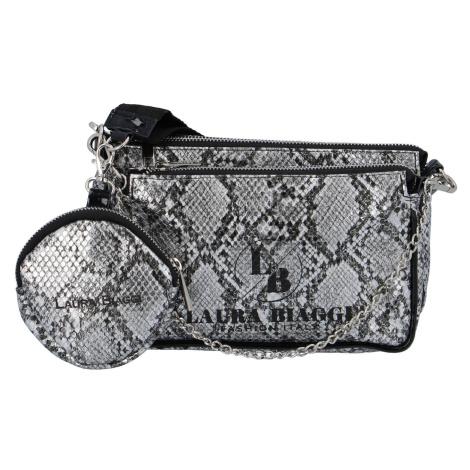 Módní dámská menší koženková kabelka s hadím potiskem Valentina Laura Biaggi, černá/stříbrná