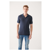 Avva Men's Navy Blue Buttonless Polo Collar Knitted Detailed Ribbed Regular Fit Knitwear T-shirt