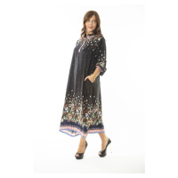 Şans Women's Plus Size Black Woven Viscose Fabric Long Sleeve Dress with Front Pat and Button