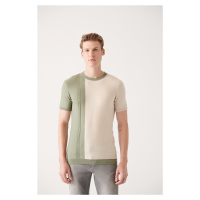 Avva Men's Aqua Green Crew Neck Color Block Ribbed Regular Fit Knitwear T-shirt