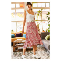 Olalook Women's Red Floral Asymmetrical Patterned Skirt