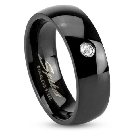 Černý ocelový prsten, lesklá zaoblená ramena, čirý zirkonek, 6 mm Šperky eshop