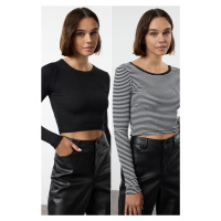 Trendyol Black-Black Striped 2 Pack Fitted Flexible Knitted Blouse