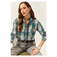 Olalook Women's Indigo Emerald Single Pocket Plaid Lumberjack Shirt