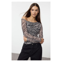 Trendyol Black Animal Patterned Tulle Lined Asymmetric Collar Knitted Blouse