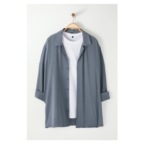 Trendyol Grey Regular Fit Fit Open Collar Summer Linen Look Plus Size Shirt