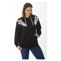 Şans Women's Plus Size Black Appliqued Lace And Hood Detailed Sweatshirt with Kangaroo Pocket