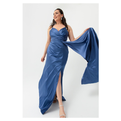 Lafaba Dámské Indigo Plus Size Dlouhé saténové večerní šaty a promoční šaty