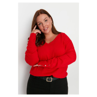 Trendyol Curve Red V-Neck Button Detailed Knitwear Sweater