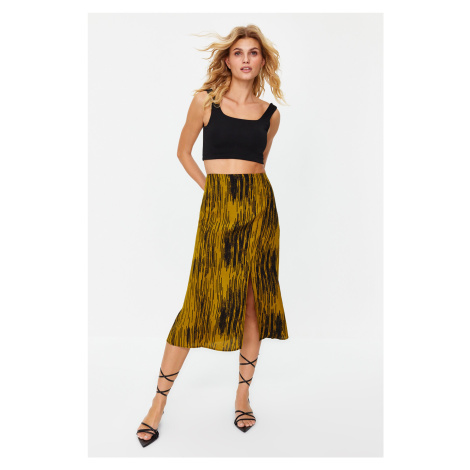 Trendyol Mustard Slit Detail Viscose Fabric Patterned Midi Woven Skirt