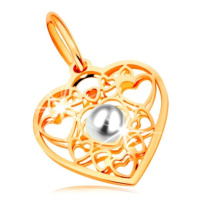 Přívěsek ve žlutém zlatě 585 - srdce zdobené obrysy srdíček a bílou perlou uprostřed