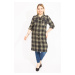 Şans Women's Plus Size Khaki Checkered Patterned Tunic Dress with Front Buttons and Faux Leather