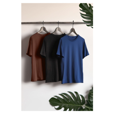 Trendyol Black-Brown-Navy Blue Basic Slim 100% Cotton 3-Pack Short Sleeve T-Shirt