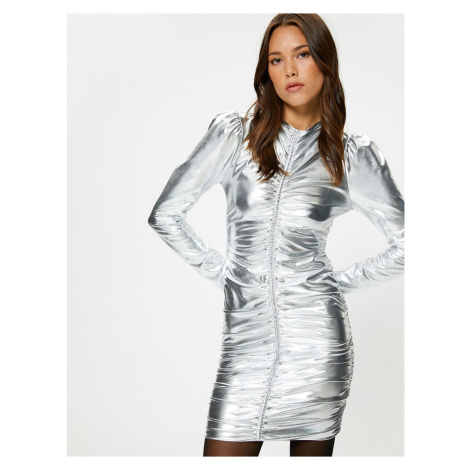 Koton Mini Metallic Dress Draped Long Sleeve