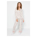 Trendyol Beige 100% Cotton Heart Patterned Shirt-Pants and Knitted Pajamas Set