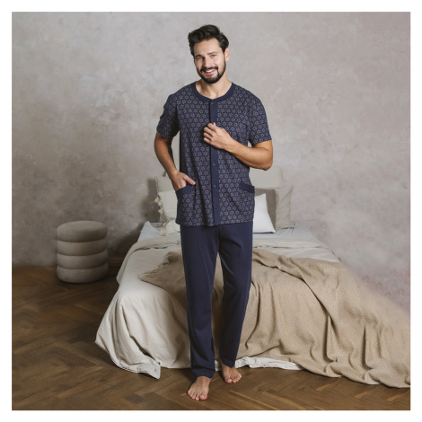 Pánské pyžamo Ricardo, krátký rukáv, dlouhé nohavice - potisk/námořnická modrá Italian Fashion